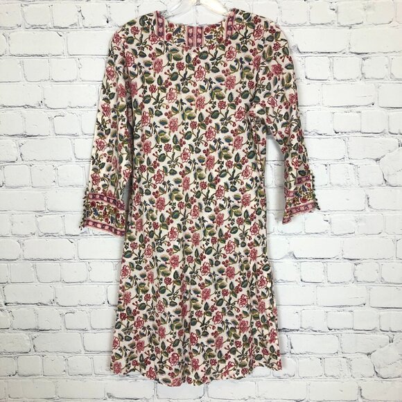 Anokhi Ivory Floral Block Print Kaftan Tunic Dress Size S Cotton - Picture 4 of 7